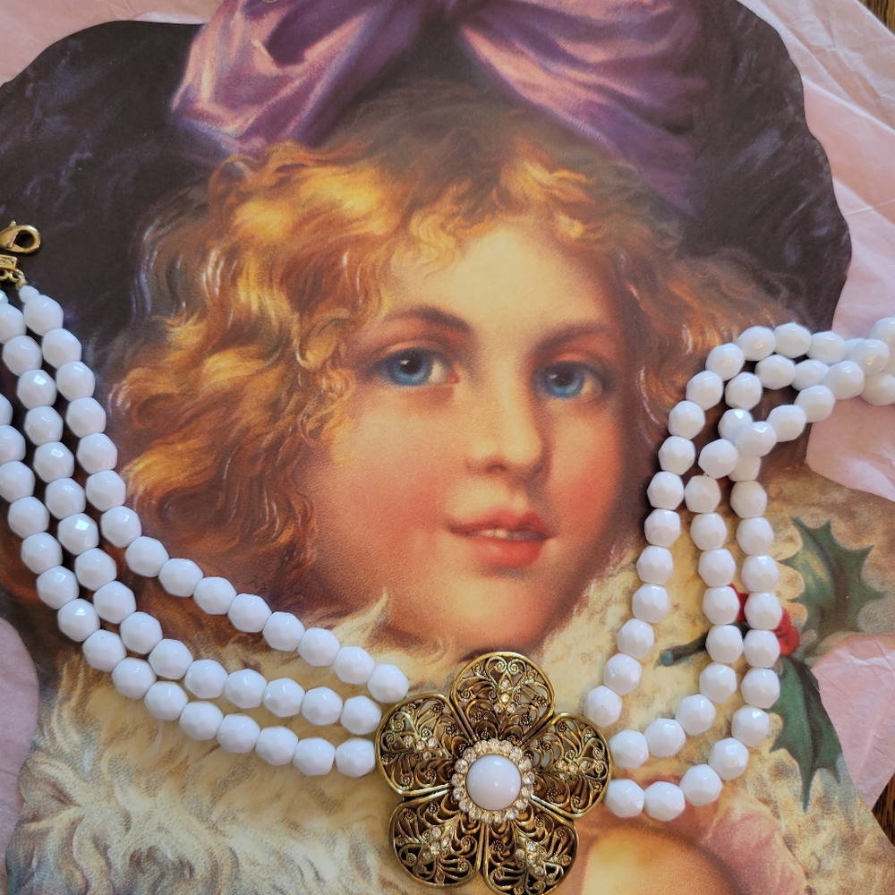 Express Multi-Strand While Beaded Choker w/ Gold-Tone Filigree Flower Accent ~